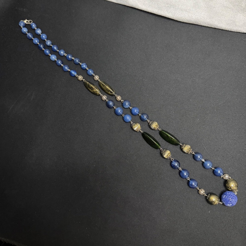 Beaded Necklace‎ Women OS Blue Green Gold Carved Floral Statement
